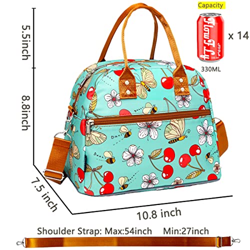 FlowFly Insulated Lunch Bag With Shoulder Strap for Women, Men, and Kids, Large and Reusable, Handle, Freezable Work and School Travel Tote and Meal Prep Organizer,Turquoise Cherry - color: Turquoise Cherry