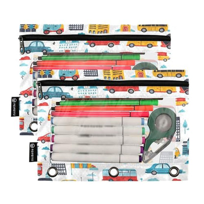 School Bus Car Pencil Pouch for 3 Ring Binder, 2 PCS Binder Pencil Pouch with Zipper, Clear Window Zipper Pencil Case Pencil Bags for Office Supplies - color: School Bus