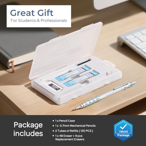 Nicpro 0.7 mm Mechanical Pencil, Metal Drafting Pencil with Eraser | 120 HB Lead Refills, Professional Drawing Pencil for Artists, Students, School, Writing, Sketching - size: 60 Count (Pack of 2)