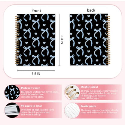 QUICQOD Coquette Blue Bow Spiral Notebook with Black Cover 5.5x8.3 Inch | Preppy School Supplies for Teen Girls, Cute Journal for Women, Hardcover Notebook for School Office, Back to School Gifts - color: blackblue