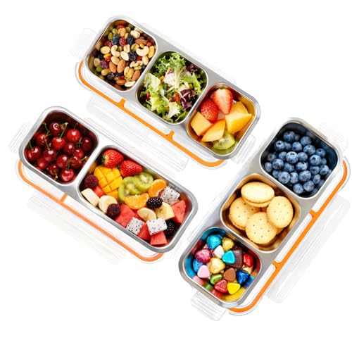 3 Pack Stainless Steel Snack Containers for Kids & Adults - Leak Proof Metal Bento Lunch Box - Stackable Lunchable Containers for Daycare, School, Work, Travel (2/3/3 Orange) - color: 2/3/3 Orange
