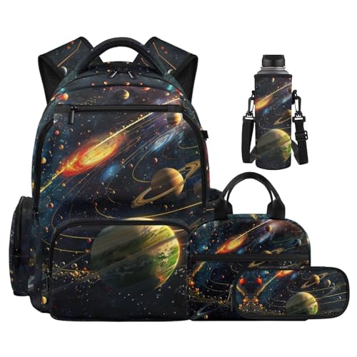 Universe Planet Backpack for Boys Planet Backpack for School Water Proof Bookbag and Lunch Box Set for Boys Ages 5-11 School Bag Primary Middle Pencil Case Portable Water Bottle Holder 4Pcs - color: Universe Planet