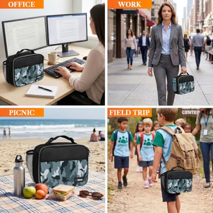 opux Insulated Lunch Bag for Kids, Reusable Lunch Box for School with Leakproof Lining, Compact Soft Cooler Tote for Boys & Girls, Front Pocket, Mesh Side Bottle Holder (Camo Green) - color: Camo Green
