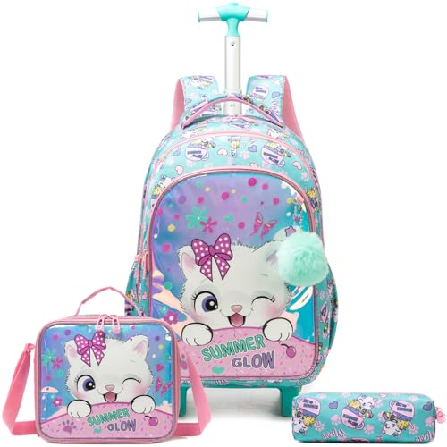 Kids Rolling Backpack for Girls Trolley Suitcases Luggage Travel with Wheels Bookbag Wheeled 17" 3PCS Roller Backpacks Toddler Back Pack School Bags Set for Elementary Cats Phantom Color - color: 5225-maomi-colourful