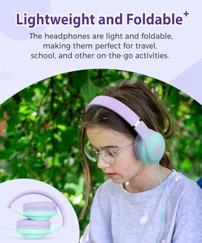 rockpapa Kids Headphones, Wired Headphones for Kids with Microphone, 85/94dB Volume Limiter Headphone for Girls Boys, Foldable Head Phones for School Tablet Laptop Purple Teal - color: Purple Teal