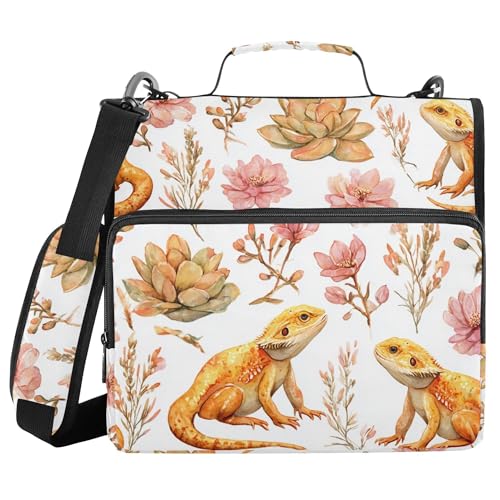 Fisyme Floral Bearded Dragons Zipper Binder 3 Ring with Zipper and Shoulder Strap Large Capacity Multi-Pocket Binder Organizer