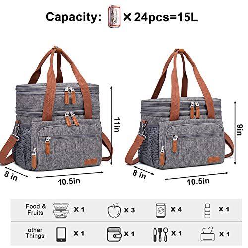 Weitars Lunch Bag for Women Men, Loncheras Para Mujer Dual Compartment Waterproof Reusable Large Lunch Box Wide-Open Cooler Tote Bag For Working Picnic Hiking (15L) (Gray(kahki)) - color: Gray(kahki)