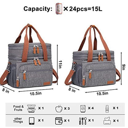 Weitars Lunch Bag for Women Men, Loncheras Para Mujer Dual Compartment Waterproof Reusable Large Lunch Box Wide-Open Cooler Tote Bag For Working Picnic Hiking (15L) (Gray(kahki)) - color: Gray(kahki)