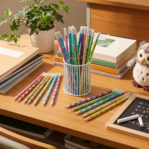 Gueevin 48 Pcs Owl Wooden Pencil with Eraser Cute Cartoon Assorted Stationery Pencils Novelty Animal Printed for Students Teacher Classroom School Reward Prize Party Favors