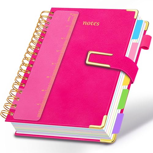 Hardcover Spiral Notebook College Ruled, 6.2"x 8.2" Leather Journal Notebook with Magnetic Closure, 300 Pages 5 Subject Notebook with Dividers Tabs Journal for Women Men, Work, School(Rose Red) - color: Rose Red, size: A5-6.2"x8.2"