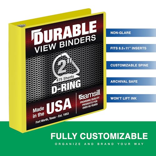 Samsill Durable 2 Inch Binder, D Ring Binder, Customizable Clear View Cover, Lemon Yellow, Holds 475 Pages - color: Yellow, size: 2 Inch