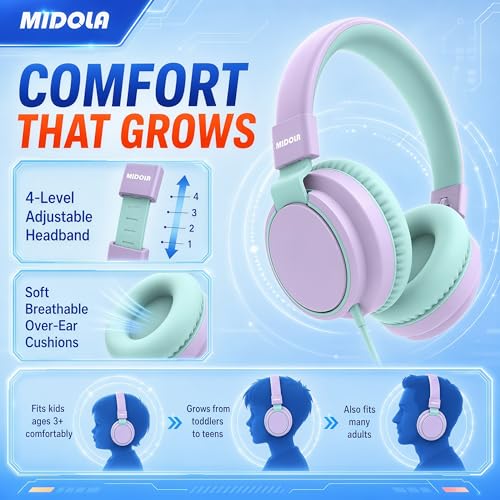 MIDOLA Kids Headphones for School Learning,Volume Limited 85/94dB, Foldable Lightweight Over-Ear Wired Headphones for Kids Toddler Girls Boys 3.5mm for Pad,Headsets with Built-in Mic Light Purple - color: LightPurple