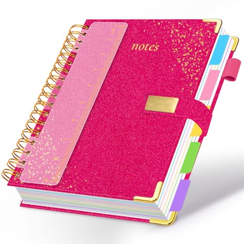 Spiral Notebook Journal 8''x 10'' 5 Subject Notebook with Dividers, 300 Pages Notebook College Ruled with Magnetic Closure, B5 Tabbed Notebooks for Work School, Sparkle Journal for Women (Rose Red) - color: Rose Red, size: (B5)8''x 10''