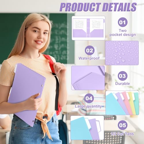 12 Pack Pastel Plastic Pocket Folders with 3 Hole & Tabs, 2 Pocket File Folders for Letter Size Paper, Heavy Duty for School & Office Organization - style: 3 Hole Punched Style