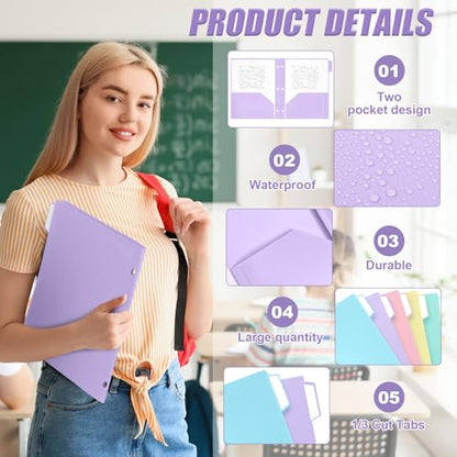 12 Pack Pastel Plastic Pocket Folders with 3 Hole & Tabs, 2 Pocket File Folders for Letter Size Paper, Heavy Duty for School & Office Organization - style: 3 Hole Punched Style