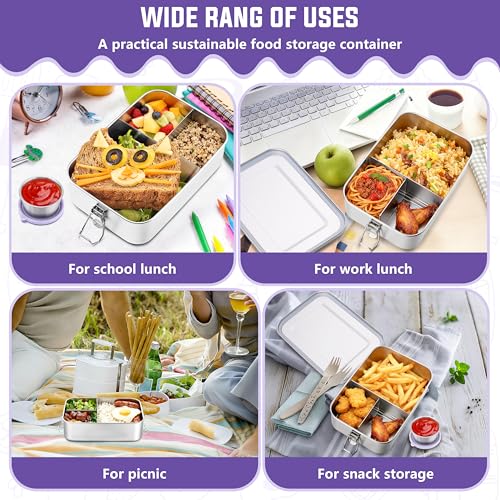 HaWare Large Stainless Steel Bento Lunch Box, 47oz (1400ml) with Divider | 3 Compartment, Purple Condiment Container &Carrying Bag Included, Leak-Proof, Dishwasher Safe - color: Lilac Purple, size: 47oz-(1400ml)