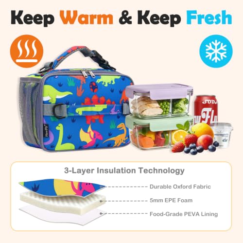 FlowFly Kids Lunch Bag, Durable Insulated School Lunch Box with Shoulder Strap and Bottle Holder, Water-resistant Thermal Small Lunch Cooler Tote for Teen Boys & Girls,Dinosaur - color: Dinoasur