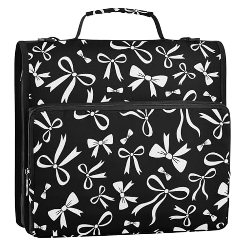 Zipper Binder Bag 3 Ring File Folder Portfolio Organizer Zippered Binder Bags with Strap Fits Laptop Women Men - color: 30-black White Bow