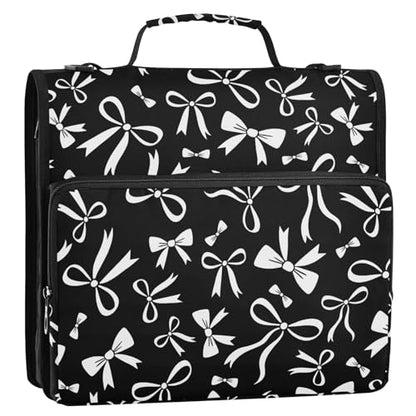 Zipper Binder Bag 3 Ring File Folder Portfolio Organizer Zippered Binder Bags with Strap Fits Laptop Women Men - color: 30-black White Bow