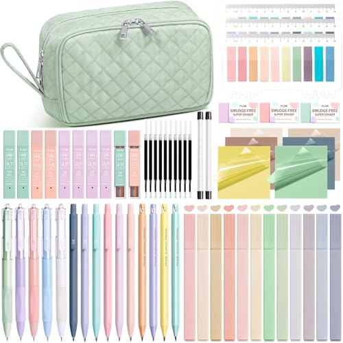 62PCS Aesthetic School Supplies with Cute Pencil Case, Pastel Highlighters Black Ink Gel Pens Mechanical Pencils Kit, Back to School Supplies College Essentials Preppy Stationary Set for Student Girls - color: Sage Green