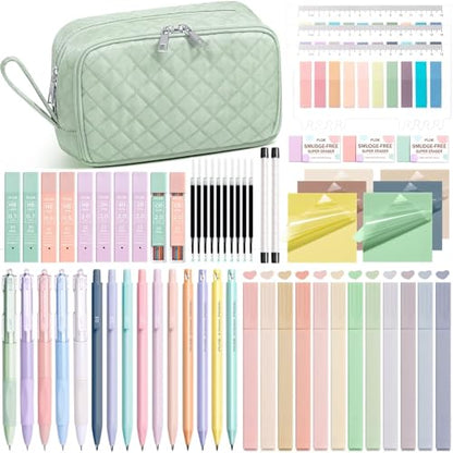 62PCS Aesthetic School Supplies with Cute Pencil Case, Pastel Highlighters Black Ink Gel Pens Mechanical Pencils Kit, Back to School Supplies College Essentials Preppy Stationary Set for Student Girls - color: Sage Green
