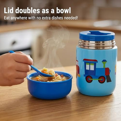 Wildkin Kids 10 oz Insulated Food Jar, Trains, Planes & Trucks | Wide-mouth 10 oz jar keeps food hot up to 5 hrs and cold up to 7 hrs · includes two folding spoons · stainless steel interior - color: Trains, Planes & Trucks