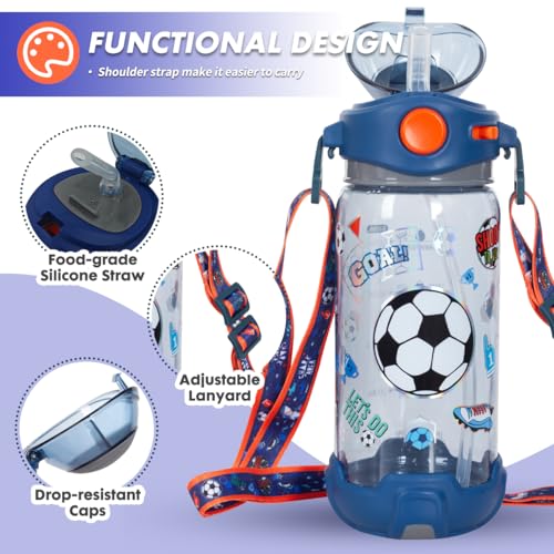 Kids Water Bottle with Straw/Lanyard for School Kids Girls Boys, 22oz BPA Free Child Drinking Water Bottle One-Click-Open Leak-Proof Locking Flip Lid for School Sport Travel - color: Soccer