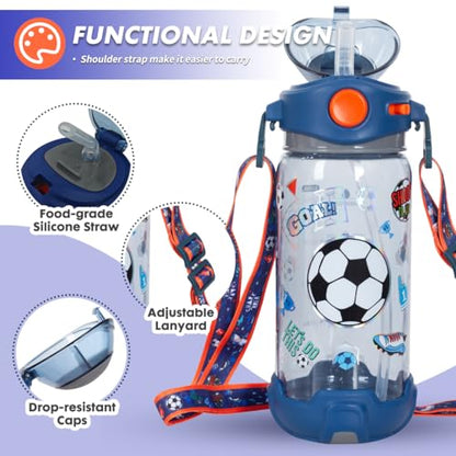 Kids Water Bottle with Straw/Lanyard for School Kids Girls Boys, 22oz BPA Free Child Drinking Water Bottle One-Click-Open Leak-Proof Locking Flip Lid for School Sport Travel - color: Soccer