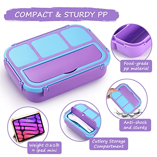 QQKO Bento Lunch Box for Kids Girls Boys, Toddler Kids Lunch Boxes for School, Lunch Containers for Adults with 4 Compartments, Sauce Container, Utensils, Food Picks and Muffin Cups, Purple - color: Purple
