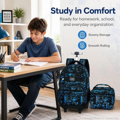 3Pcs Rolling Backpack for Boys, Men Roller Bag with Wheels for Adults, 19 Inche Graffiti Wheeled Bookbag with Lunch Box(Blue) - color: Graffiti Blue
