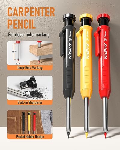 Nicpro 28 Pack Carpenter Pencil Set with Sharpener, Mechanical Carpenter Pencils with 127PCS Refills and Carbide Scribe Tool, Heavy Duty Construction Pencils for Architect Woodworking-With Canvas Case - size: 28 Pack
