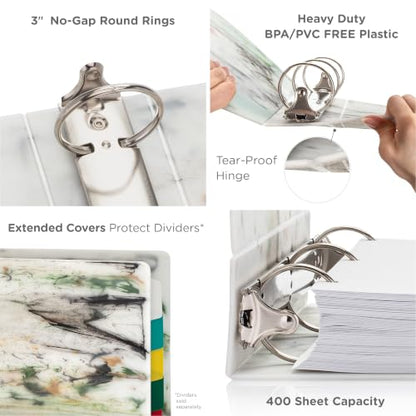 Carstens Limited Edition 3-Inch Green Marble Heavy Duty 3-Ring Binder – Side Opening, Waterproof, Durable Plastic, No-Gap Rings, Holds 400 Sheets, BPA-Free, Made in USA (1719-3R) - color: Marble Green, size: Case of 14