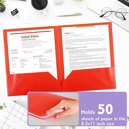 pmybupo 25 Pack Red 2 Pocket Folders Heavy-Duty Plastic Folders with Pockets,8.5x11 Document Folders for School and Office - color: Red