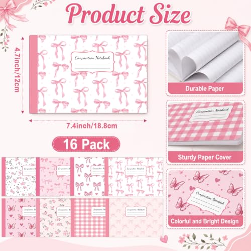 16 Pack Mini Composition Notebooks Bulk College Ruled 7.4'' x 4.7'' Pink Bow Half Size Composition Books 80 Pages Small Pocket Journal Books Back to School Gift for Student Teacher Office Supplies - color: Pink Bow