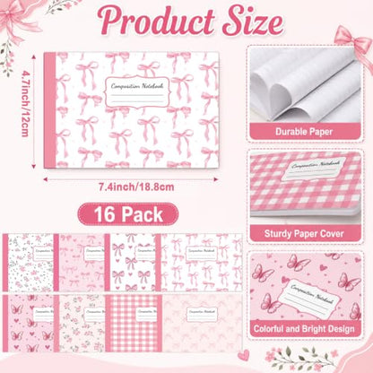 16 Pack Mini Composition Notebooks Bulk College Ruled 7.4'' x 4.7'' Pink Bow Half Size Composition Books 80 Pages Small Pocket Journal Books Back to School Gift for Student Teacher Office Supplies - color: Pink Bow