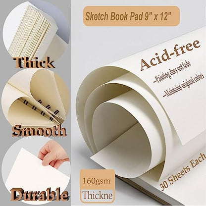 Sketch Book Pad, Drawing Paper 9" x 12" Spiral Bound (98lb/160gsm), 90 Sheets, Pack of 3, Durable Acid Free Sketchbook for Painting (3 Pack- 9"X12") - color: 3 Pack- 9"X12"