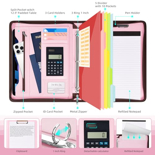 Ospelelf Pink Leather Portfolio Binder 3 Ring, Zippered Clipboard Folder with Storage - 5 Dividers with Pocket, Padfolio for Women,12.1” Tablet Sleeve, Refillable Notepad, Card Slot - color: Pink