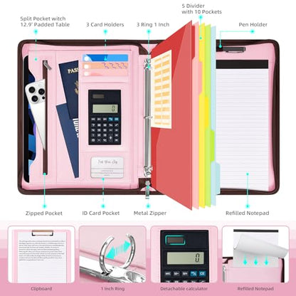Ospelelf Pink Leather Portfolio Binder 3 Ring, Zippered Clipboard Folder with Storage - 5 Dividers with Pocket, Padfolio for Women,12.1” Tablet Sleeve, Refillable Notepad, Card Slot - color: Pink