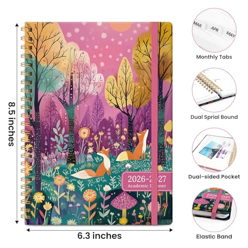 Planner 2026-2027, Academic Planner Weekly and Monthly, Jul 2026 - Jun 2027, Spiral Bound School Planning Tool with Tabs and Pocket, Perfect for Students & Teacher, 6.3" x 8.5", Fox Hollow - color: L-Fox Hollow, size: 6.3"x8.5" (A5)