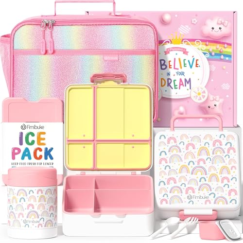 Fimibuke Kids Bento Snack Lunch Box with Thermo Insulated Toddler Lunch Bag | Lunch Box Kids with 4 Compartment, Food Jar, Ice Pack, Utensils, Birthday Gifts for Ages 3-12 Back to School Toddler Girl Boy - color: A1.Rainbow