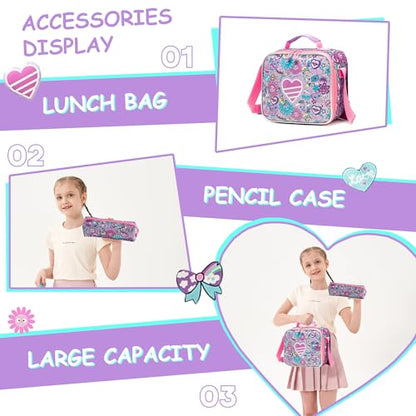 Meetbelify Kids Rolling Backpack with Wheels for Girls Rolling Backpacks with Lunch Box for Elementary School Students 3 in 1 Travel Luggage Suitcase for Girls Age 8-10 - color: Girl 01