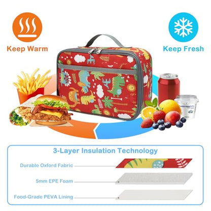 FlowFly Kids Lunch box Insulated Soft Bag Mini Cooler Back to School Thermal Meal Tote Kit for Girls, Boys,Dinosaur&Coconut - color: Dinosaur&Coconut