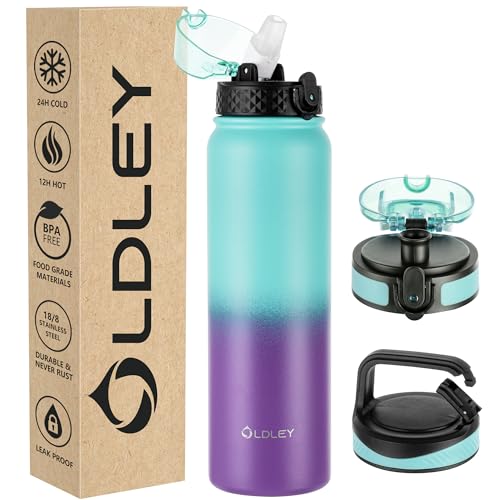 Oldley Insulated 32 oz Stainless Steel Water Bottle with Straw Lid & Chug Lid, Double Wall Vacuum Wide Mouth Sweat/Leak-Proof for Sports, Gym, Travel, Camping (Green-Purple) - color: Green Purple, size: 32 Ounces