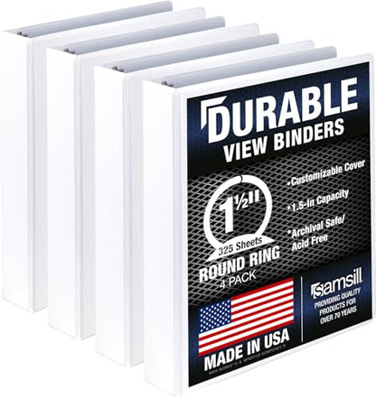 Samsill 4 Pack Durable 1.5 Inch 3 Ring Binders, Round Ring, Clear View Cover for Presentations, White - color: White, size: 1.5-Inch