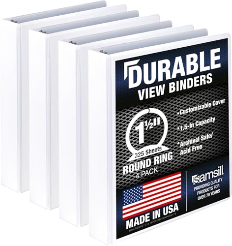 Samsill 4 Pack Durable 1.5 Inch 3 Ring Binders, Round Ring, Clear View Cover for Presentations, White - color: White, size: 1.5-Inch