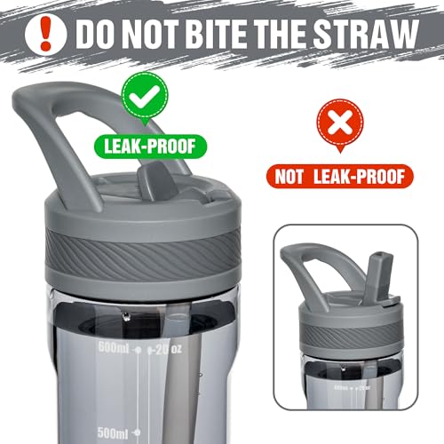 OLDLEY 20oz Kids Water Bottle with Straw, BPA-Free Tritan Water Bottle for School, Leakproof Clear Water Bottle with One Click Open, Measurement Scale, Cup Holder Friendly for Boys Girls,Grey - color: Grey