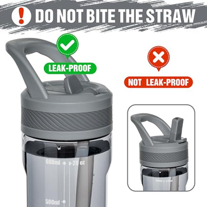 OLDLEY 20oz Kids Water Bottle with Straw, BPA-Free Tritan Water Bottle for School, Leakproof Clear Water Bottle with One Click Open, Measurement Scale, Cup Holder Friendly for Boys Girls,Grey - color: Grey
