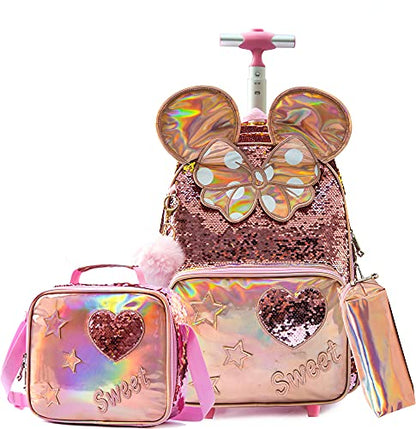 Meetbelify Rolling Backpack for Girls School Backpack with Lunch Box for Elementary Student Wheels Roller Trolley Luggage - color: 05 3pcs Rolling Backpack