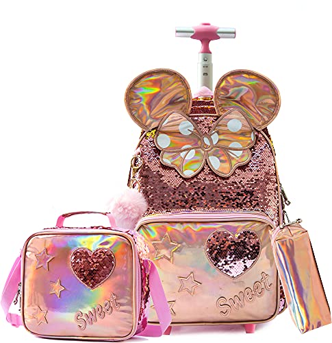 Meetbelify Rolling Backpack for Girls School Backpack with Lunch Box for Elementary Student Wheels Roller Trolley Luggage - color: 05 3pcs Rolling Backpack