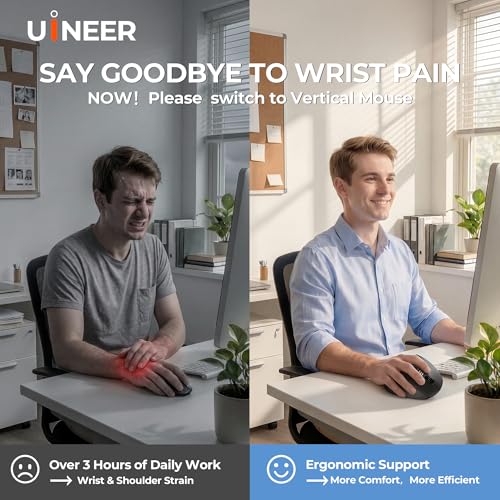 Uineer Vertical Ergonomic Mouse, Wireless Bluetooth Mouse, 3-Device | Switch among 3 devices via dual Bluetooth and 2.4G; rechargeable with 7-color ambient lighting. - color: Black